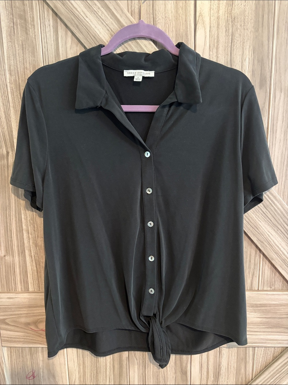 Green Envelope Black Short Sleeve Button-Front Tie Hem Top